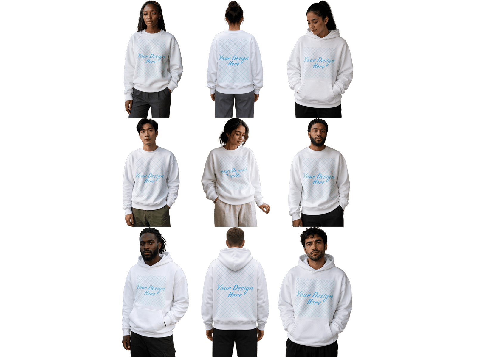 White Sweatshirts and Hoodies On-Models Mockup Templates